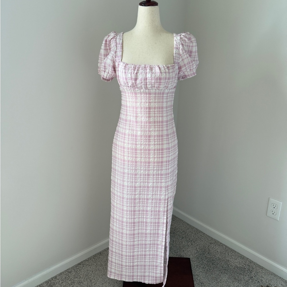 Zara Pink Gingham Puff Sleeve Midi Dress